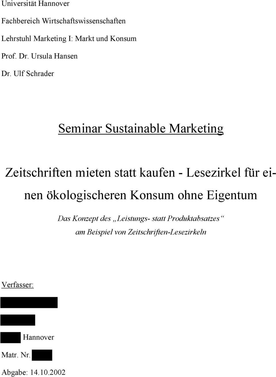 Ulf Schrader Seminar Sustainable Marketing Zeitschriften mieten statt kaufen - Lesezirkel für einen