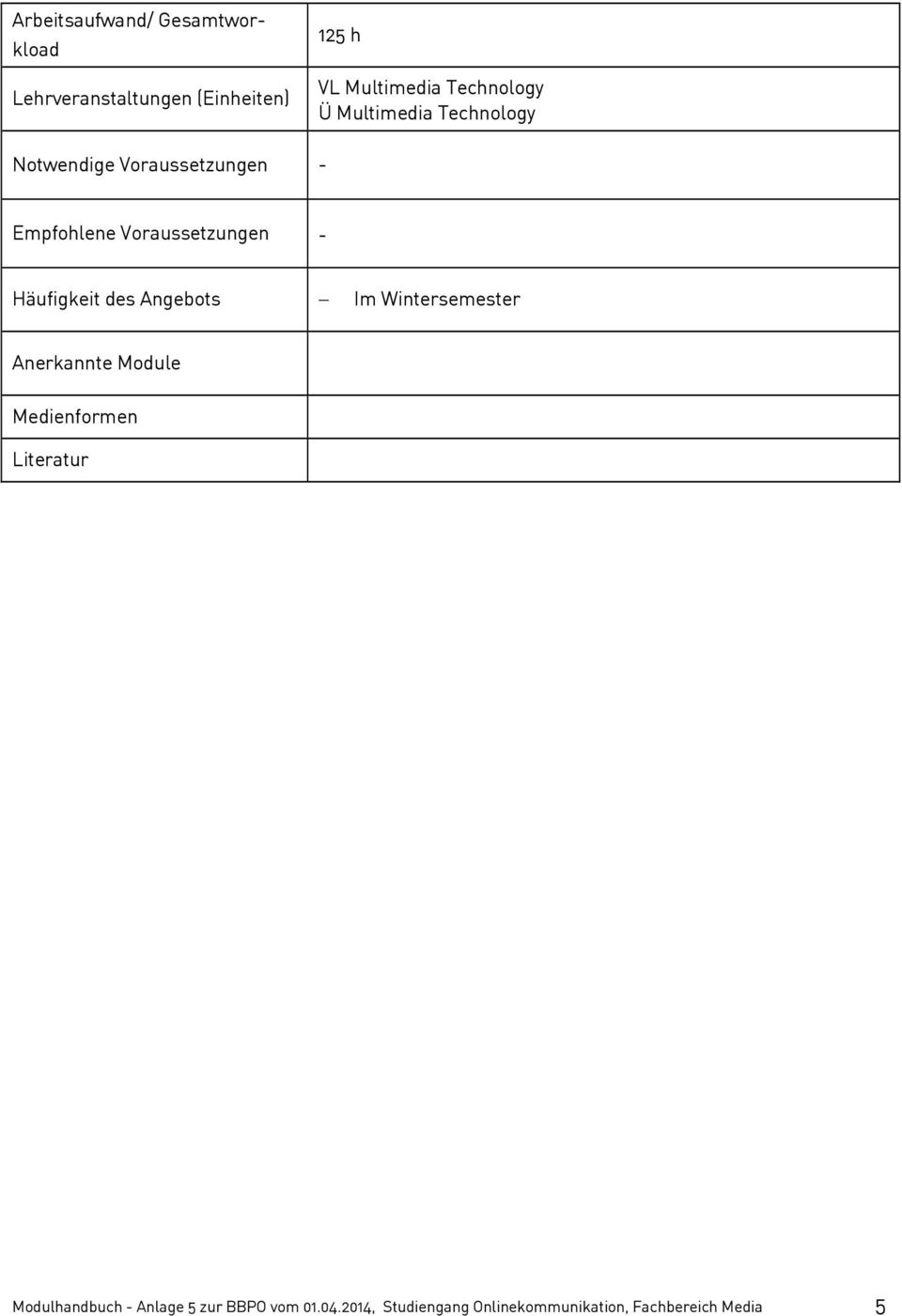 - Häufigkeit des Angebots Im Wintersemester Anerkannte Module Medienformen Literatur
