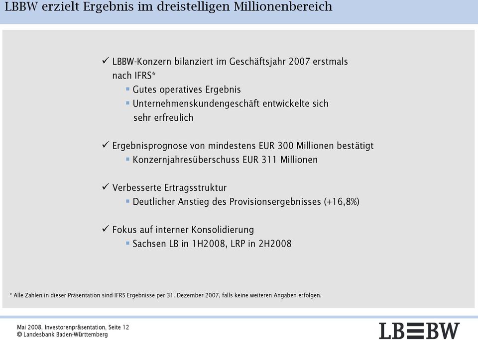 Millionen Verbesserte Ertragsstruktur Deutlicher Anstieg des Provisionsergebnisses (+16,8%) Fokus auf interner Konsolidierung Sachsen LB in 1H2008, LRP in