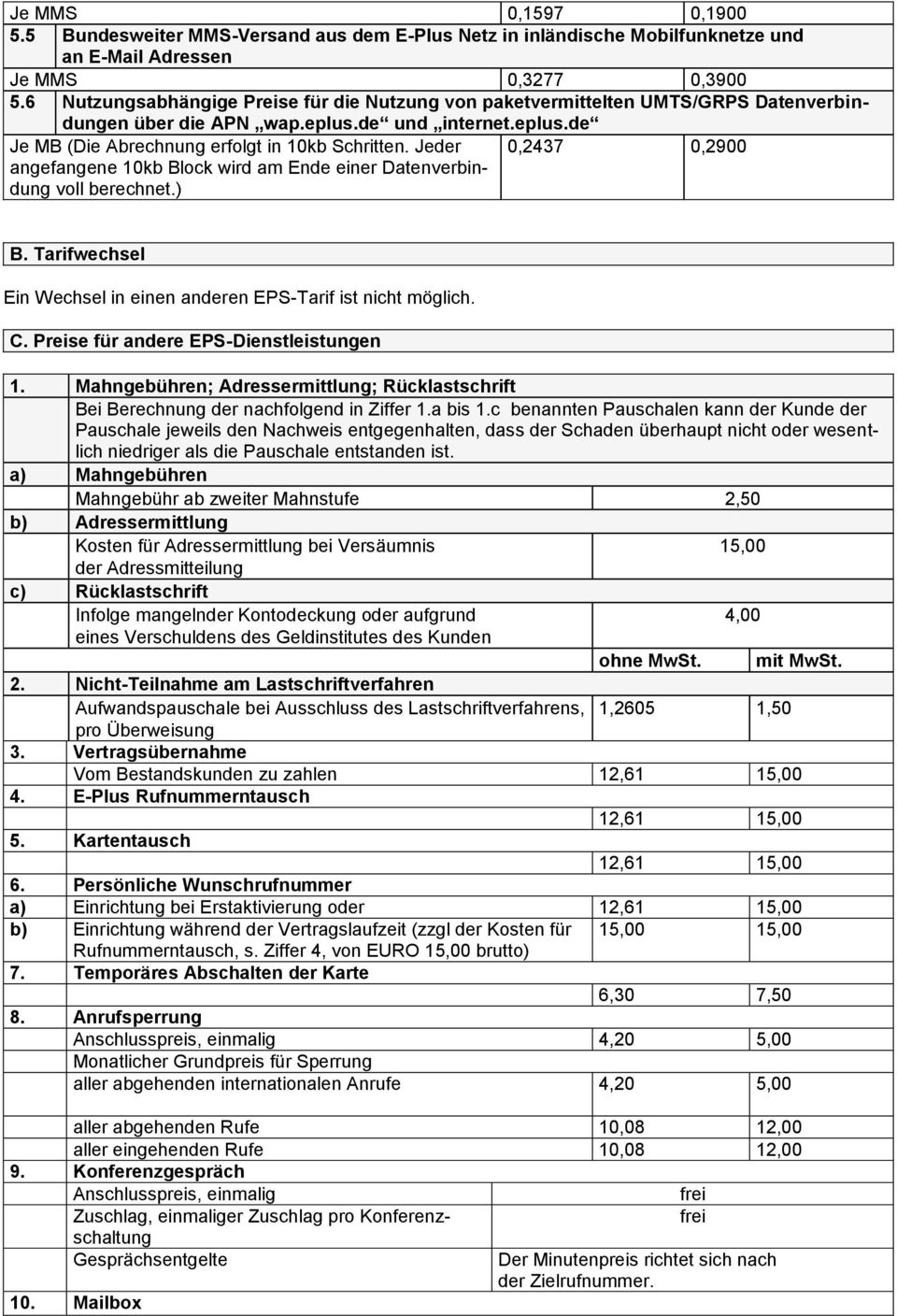 Jeder angefangene 10kb Block wird am Ende einer Datenverbindung voll berechnet.) 0,2437 0,2900 B. Tarifwechsel Ein Wechsel in einen anderen EPS-Tarif ist nicht möglich. C.