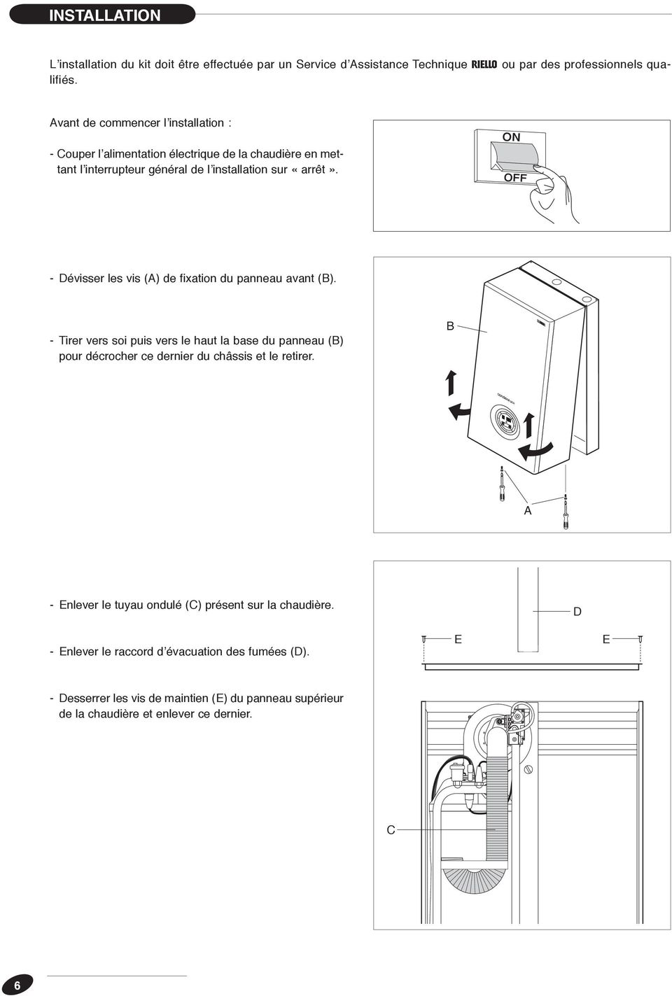 ON OFF - Dévisser les vis (A) de fixation du panneau avant (B).