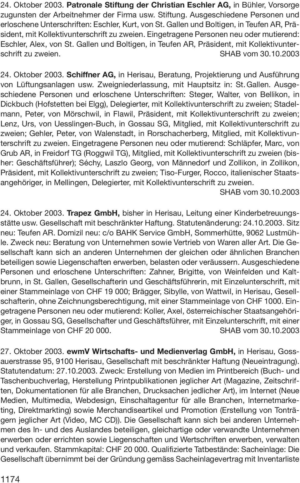 Gallen und Boltigen, in Teufen AR, Präsident, mit Kollektivunterschrift zu zweien. SHAB vom 30.10.2003 24. Oktober 2003.