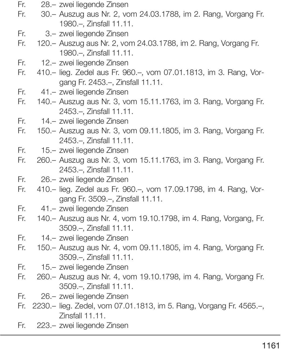 Auszug aus Nr. 3, vom 09.11.1805, im 3. Rang, Vorgang 2453., Zinsfall 11.11. 15. zwei liegende Zinsen 260. Auszug aus Nr. 3, vom 15.11.1763, im 3. Rang, Vorgang 2453., Zinsfall 11.11. 26. zwei liegende Zinsen 410.