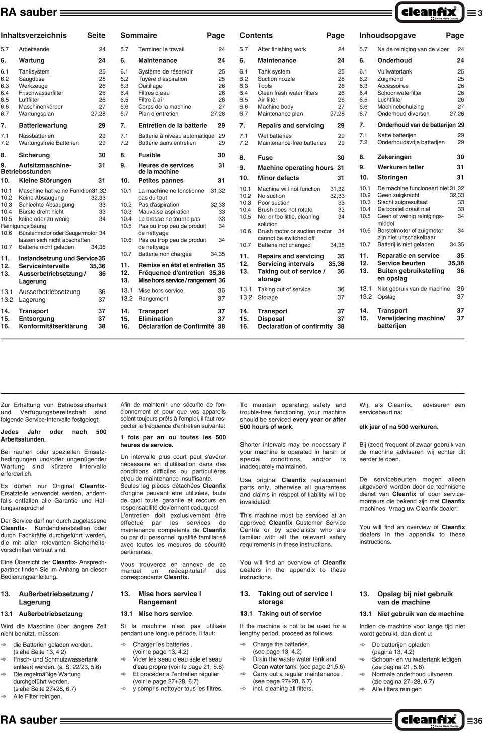 1 Système de réservoir 25 6.2 Tuyère d'aspiration 25 6.3 Ouitillage 26 6.4 Filtres d'eau 26 6.5 Filtre à air 26 6.6 Corps de la machine 27 6.7 Plan d entretien 27,28 6.1 Tank system 25 6.