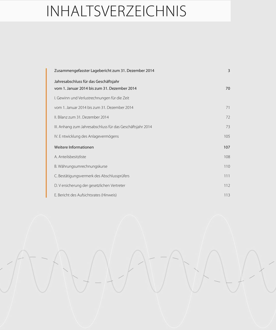 Anhang zum Jahresabschluss für das Geschäftsjahr 2014 73 IV. E ntwicklung des Anlagevermögens 105 Weitere Informationen 107 A. Anteilsbesitzliste 108 B.