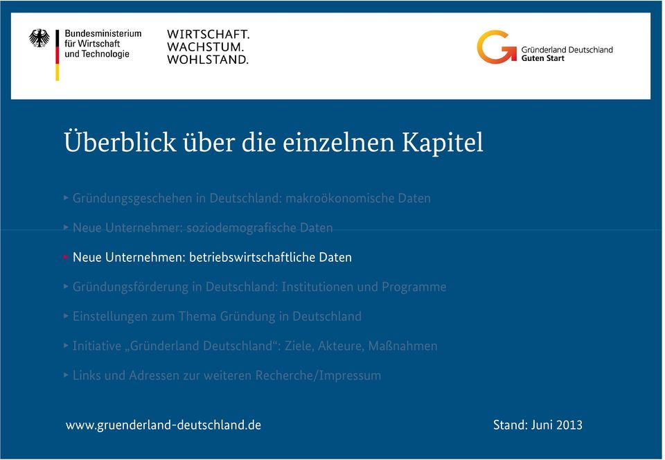 Institutionen und Programme Einstellungen zum Thema Gründung in Deutschland Initiative Gründerland Deutschland :