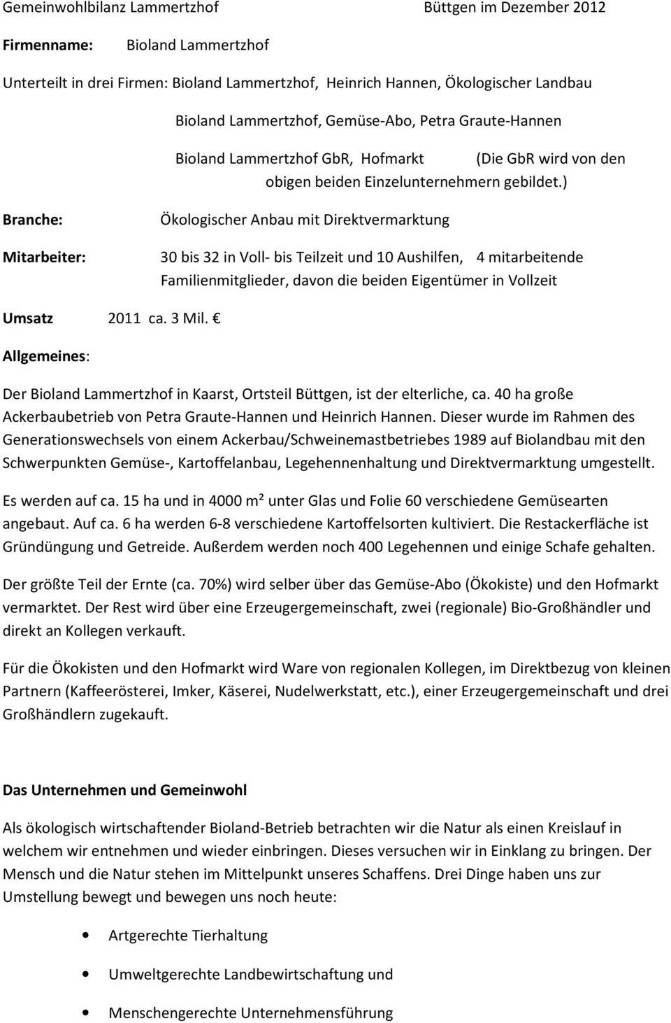 ) Branche: Mitarbeiter: Ökologischer Anbau mit Direktvermarktung 30 bis 32 in Voll- bis Teilzeit und 10 Aushilfen, 4 mitarbeitende Familienmitglieder, davon die beiden Eigentümer in Vollzeit Umsatz