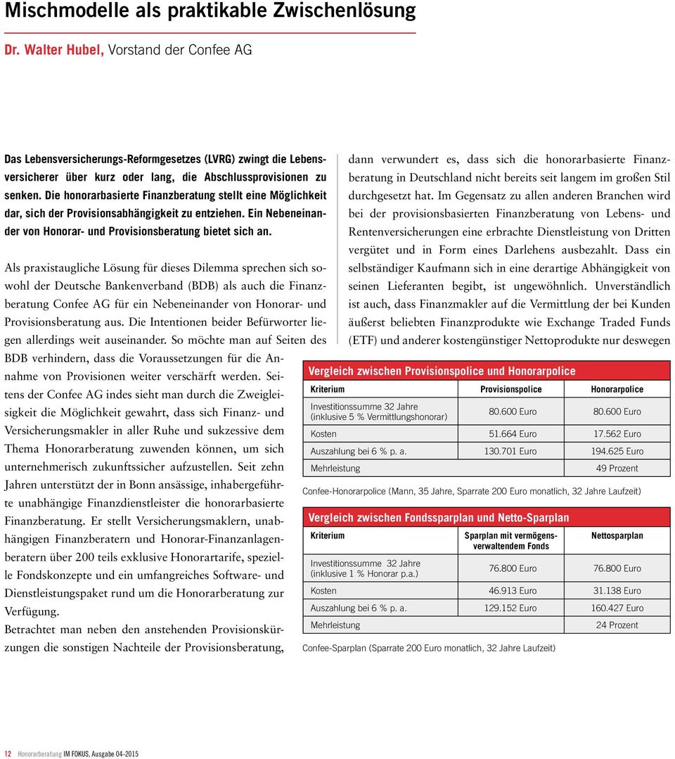 Die honorarbasierte Finanzberatung stellt eine Möglichkeit dar, sich der Provisionsabhängigkeit zu entziehen. Ein Nebeneinander von Honorar- und Provisionsberatung bietet sich an.