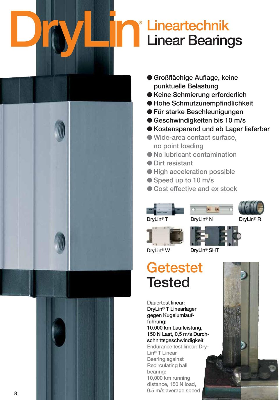 to 10 m/s Cost effective and ex stock DryLin T DryLin N DryLin R DryLin W Getestet Tested DryLin SHT 8 Dauertest linear: DryLin T Linearlager gegen Kugelumlauffuḧrung: 10.