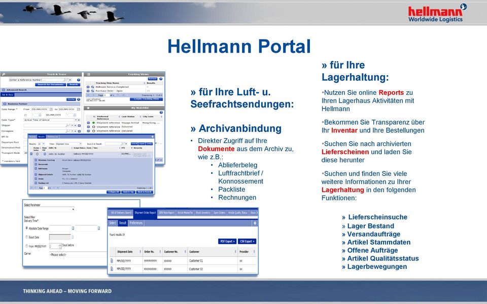 : Ablieferbeleg Luftfrachtbrief / Konnossement Packliste Rechnungen» für Ihre Lagerhaltung: Nutzen Sie online Reports zu Ihren Lagerhaus Aktivitäten mit Hellmann