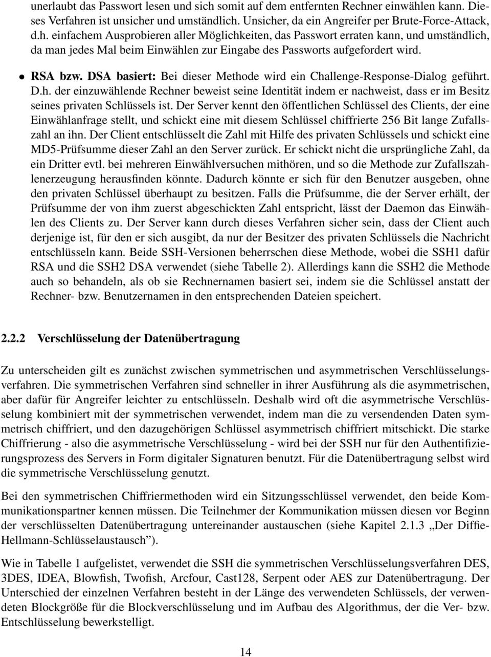 RSA bzw. DSA basiert: Bei dieser Methode wird ein Challenge-Response-Dialog geführt. D.h. der einzuwählende Rechner beweist seine Identität indem er nachweist, dass er im Besitz seines privaten Schlüssels ist.