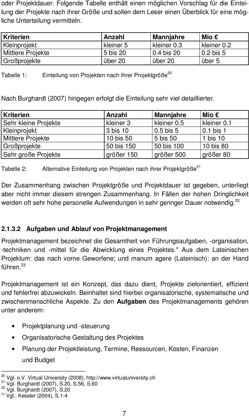2 bis 5 Großprojekte über 20 über 20 über 5 Tabelle 1: Einteilung von Projekten nach ihrer Projektgröße 20 Nach Burghardt (2007) hingegen erfolgt die Einteilung sehr viel detaillierter.