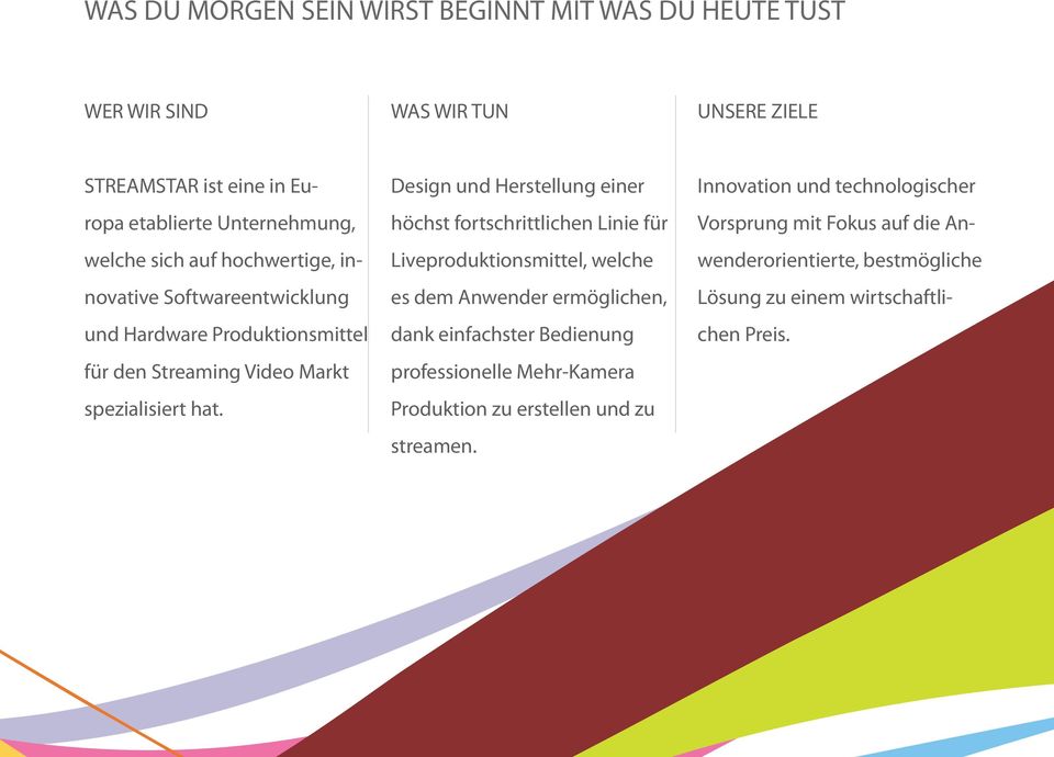 Design und Herstellung einer höchst fortschrittlichen Linie für Liveproduktionsmittel, welche es dem Anwender ermöglichen, dank einfachster Bedienung