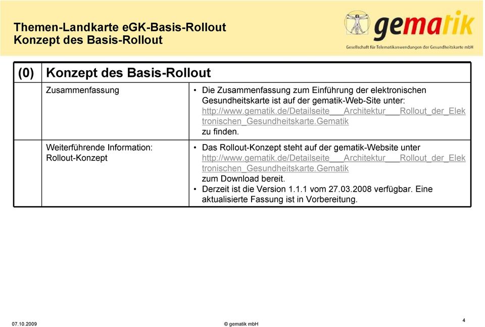 gematik zu finden. Das Rollout-Konzept steht auf der gematik-website unter http://www.gematik.de/detailseite Architektur Rollout_der_Elek tronischen_gesundheitskarte.
