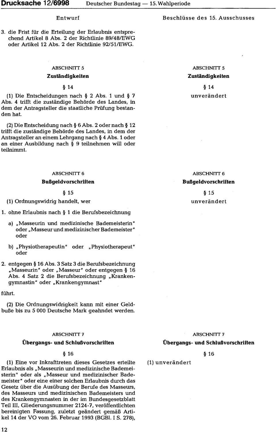 4 trifft die zuständige Behörde des Landes, in dem der Antragsteller die staatliche Prüfung bestanden hat. ABSCHNITT 5 Zuständigkeiten 14 unverändert (2) Die Entscheidung nach 6 Abs.