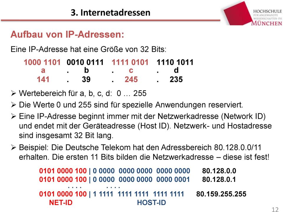 Eine IP-Adresse beginnt immer mit der Netzwerkadresse (Network ID) und endet mit der Geräteadresse (Host ID). Netzwerk- und Hostadresse sind insgesamt 32 Bit lang.