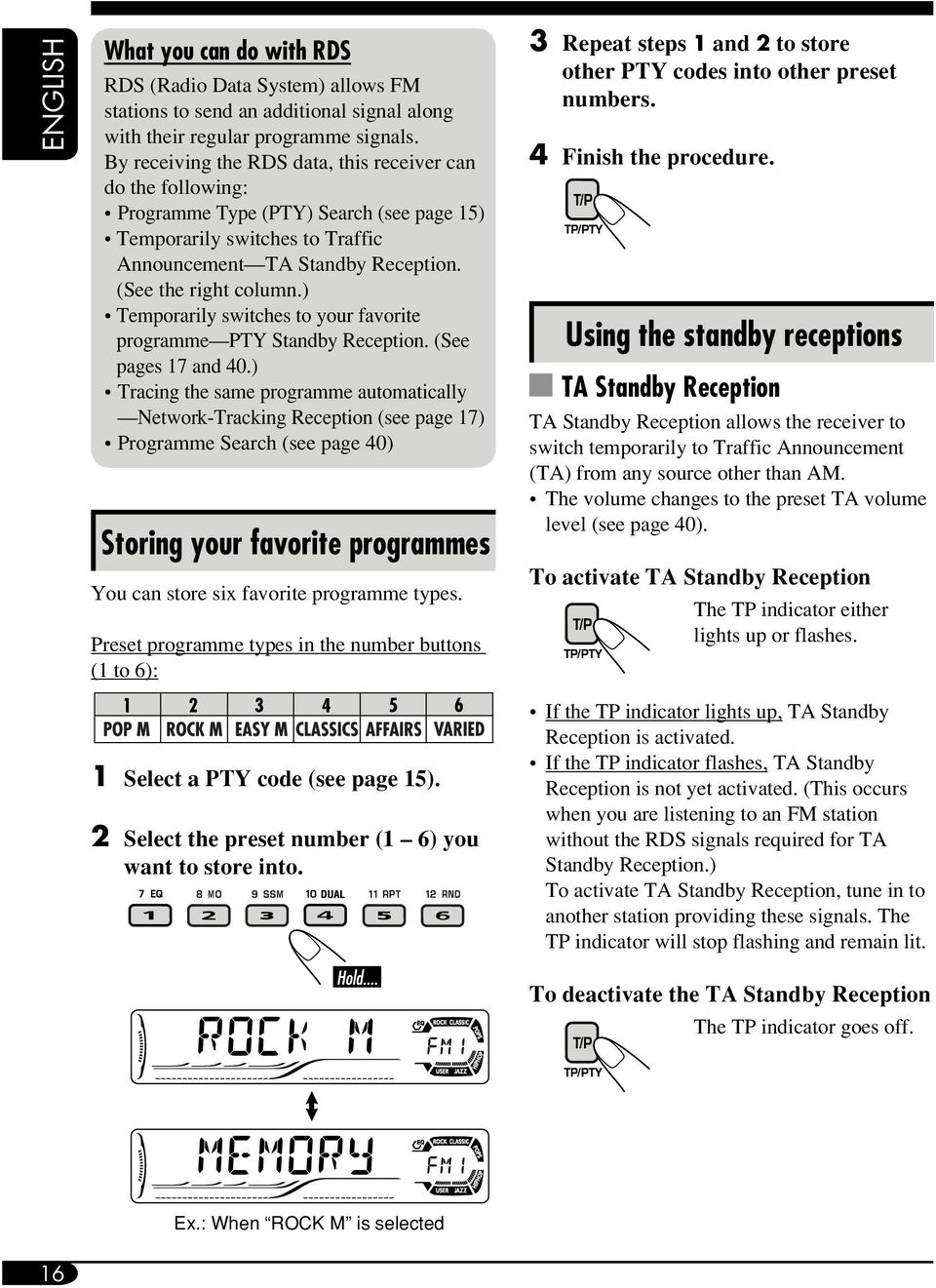 ) Temporarily switches to your favorite programme PTY Standby Reception. (See pages 17 and 40.