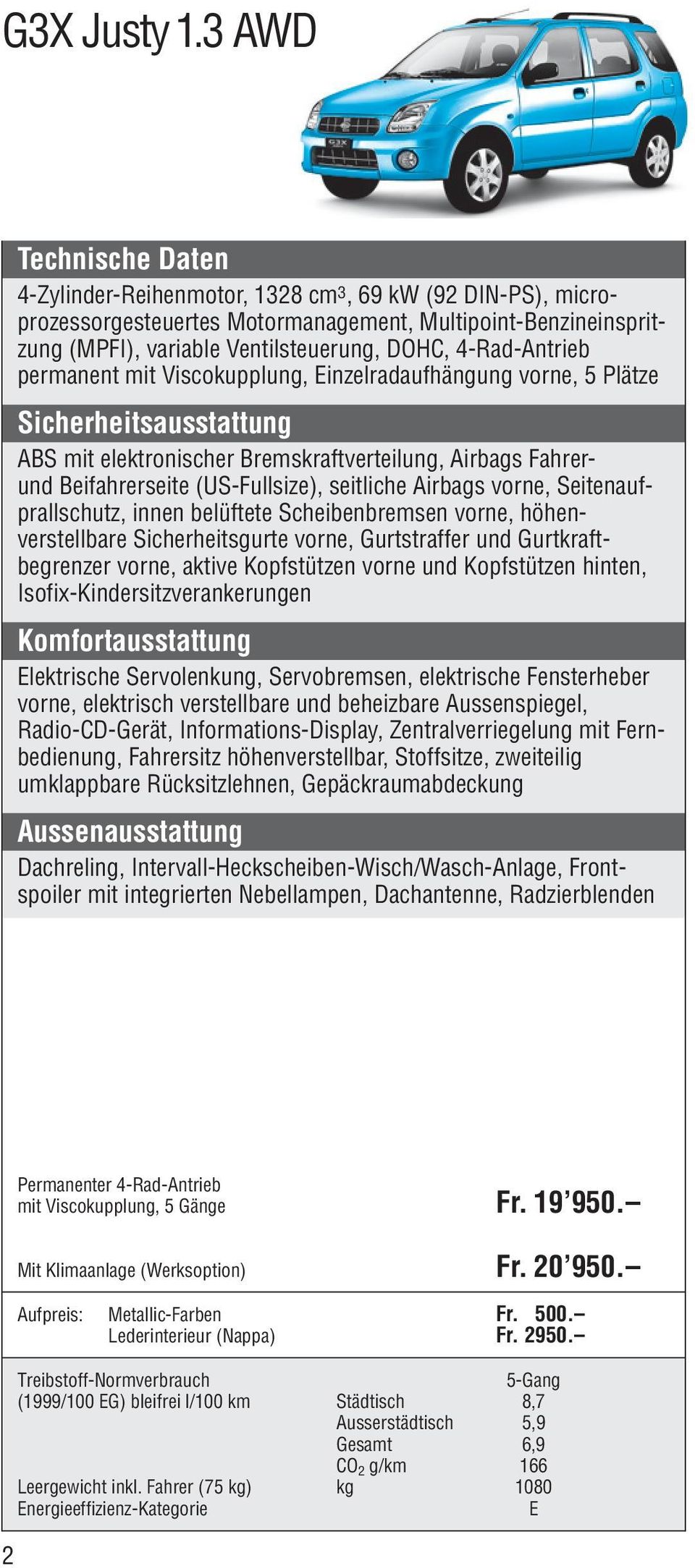 4-Rad-Antrieb permanent mit Viscokupplung, Einzelradaufhängung vorne, 5 Plätze Sicherheitsausstattung ABS mit elektronischer Bremskraftverteilung, Airbags Fahrerund Beifahrerseite (US-Fullsize),