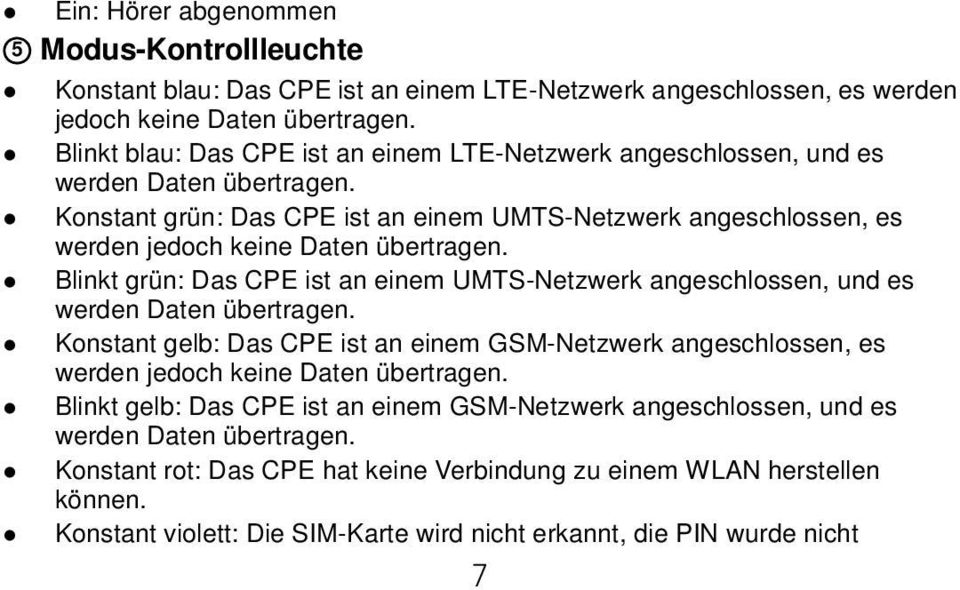 Blinkt grün: Das CPE ist an einem UMTS-Netzwerk angeschlossen, und es werden Daten übertragen. Konstant gelb: Das CPE ist an einem GSM-Netzwerk angeschlossen, es werden jedoch keine Daten übertragen.