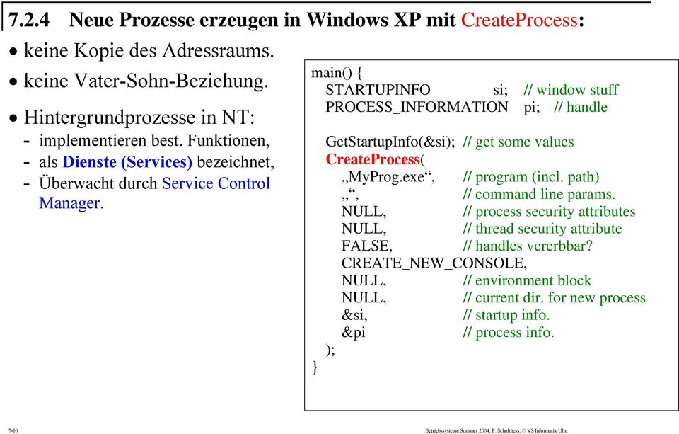 main() { STARTUPINFO si; // window stuff PROCESS_INFORMATION pi; // handle } GetStartupInfo(&si); // get some values CreateProcess( MyProg.exe, // program (incl.