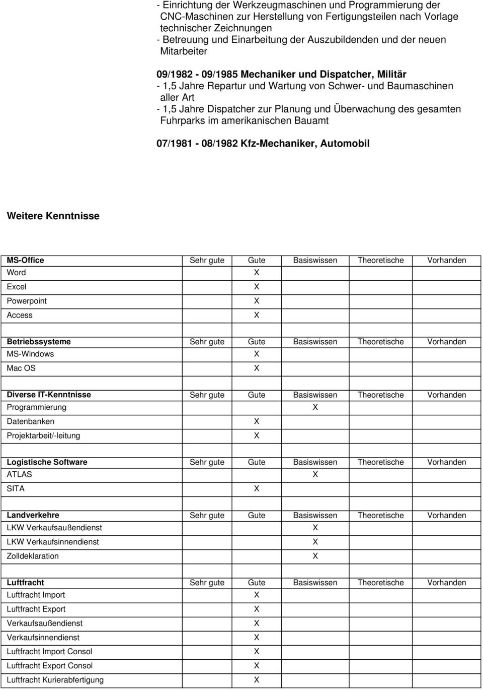 gesamten Fuhrparks im amerikanischen Bauamt 07/1981-08/1982 Kfz-Mechaniker, Automobil Weitere Kenntnisse MS-Office Sehr gute Gute Basiswissen Theoretische Vorhanden Word Excel Powerpoint Access