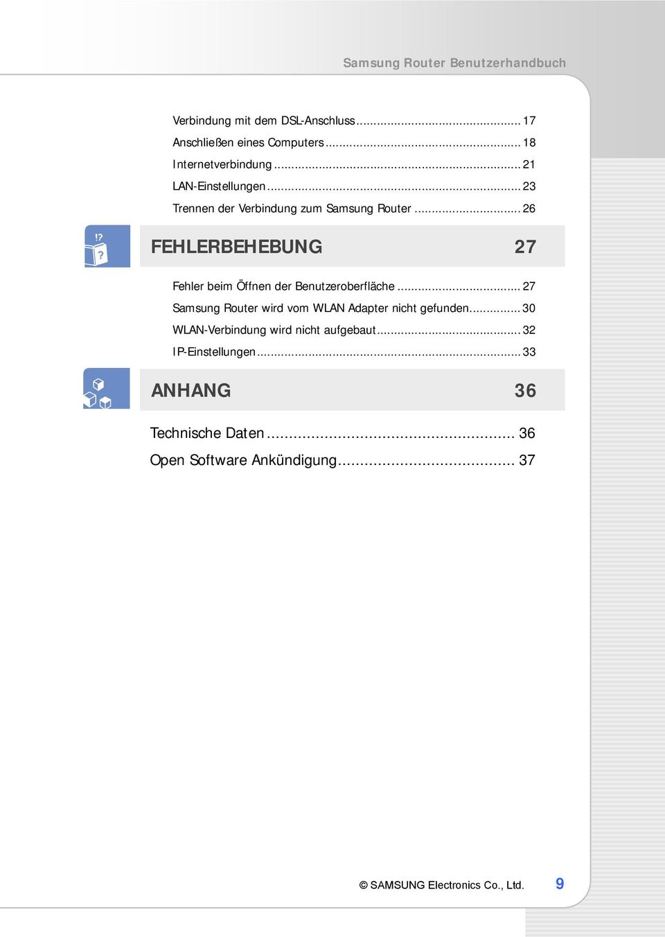 .. 26 FEHLERBEHEBUNG 27 Fehler beim Öffnen der Benutzeroberfläche... 27 Samsung Router wird vom WLAN Adapter nicht gefunden.