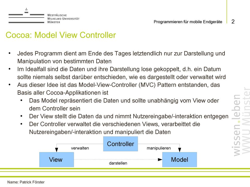 ein Datum sollte niemals selbst darüber entschieden, wie es dargestellt oder verwaltet wird Aus dieser Idee ist das Model-View-Controller (MVC) Pattern entstanden, das Basis aller