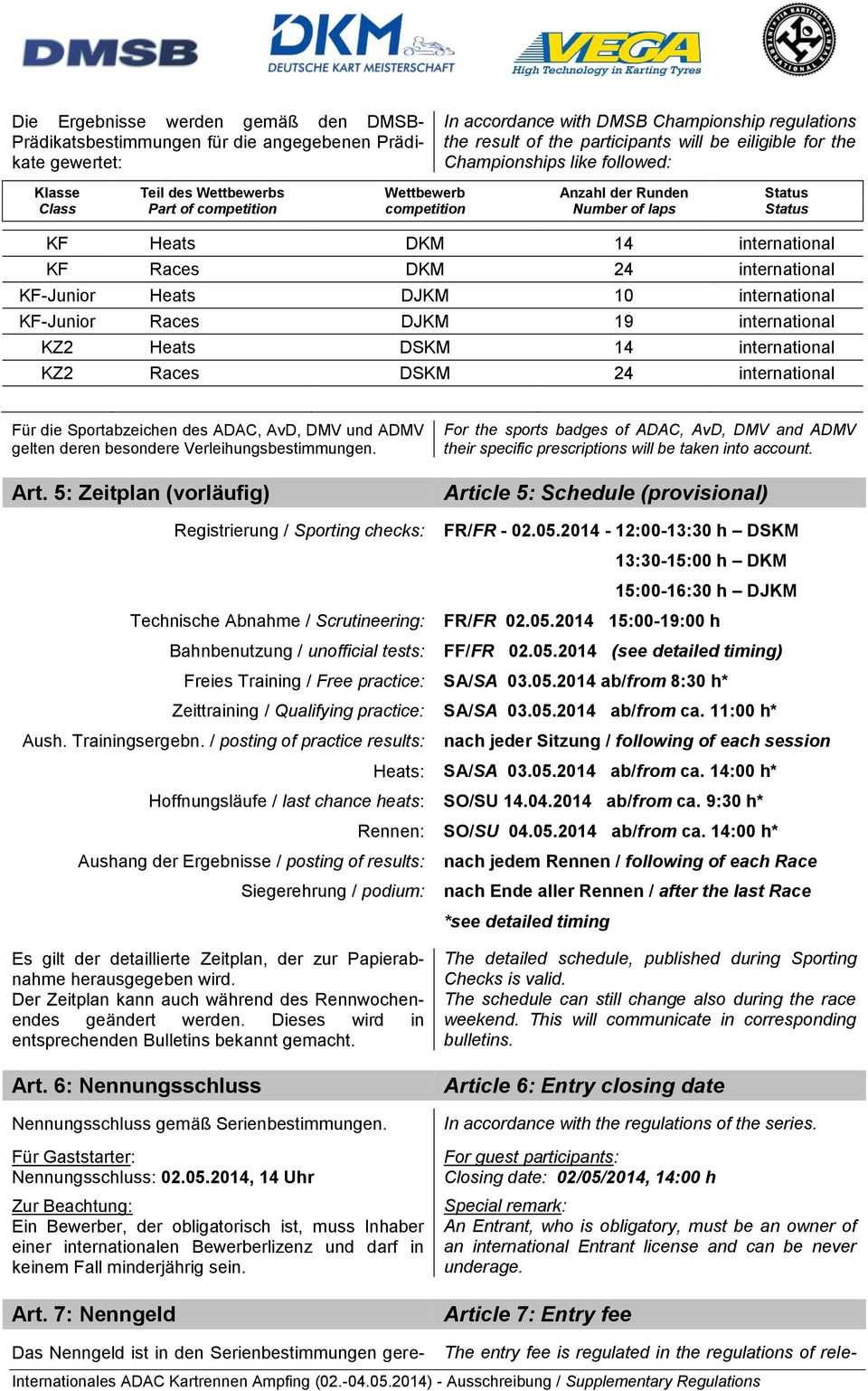 DKM 24 international KF-Junior Heats DJKM 10 international KF-Junior Races DJKM 19 international KZ2 Heats DSKM 14 international KZ2 Races DSKM 24 international Für die Sportabzeichen des ADAC, AvD,