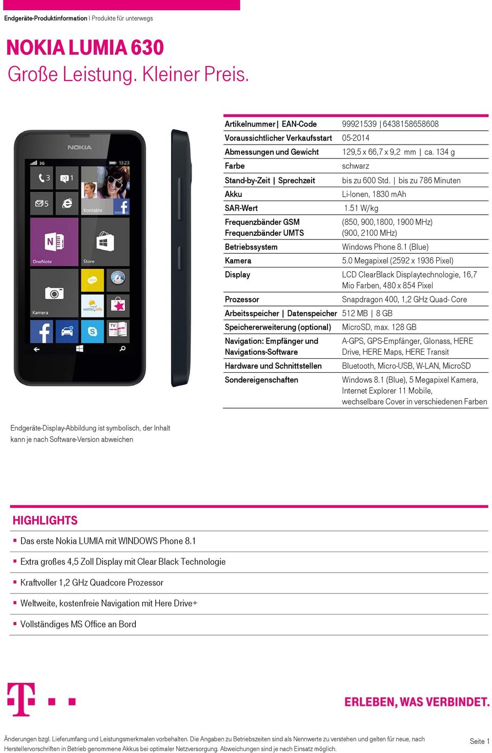 51 W/kg Frequenzbänder GSM Frequenzbänder UMTS Betriebssystem Kamera (850, 900,1800, 1900 MHz) (900, 2100 MHz) Windows Phone 8.1 (Blue) 5.