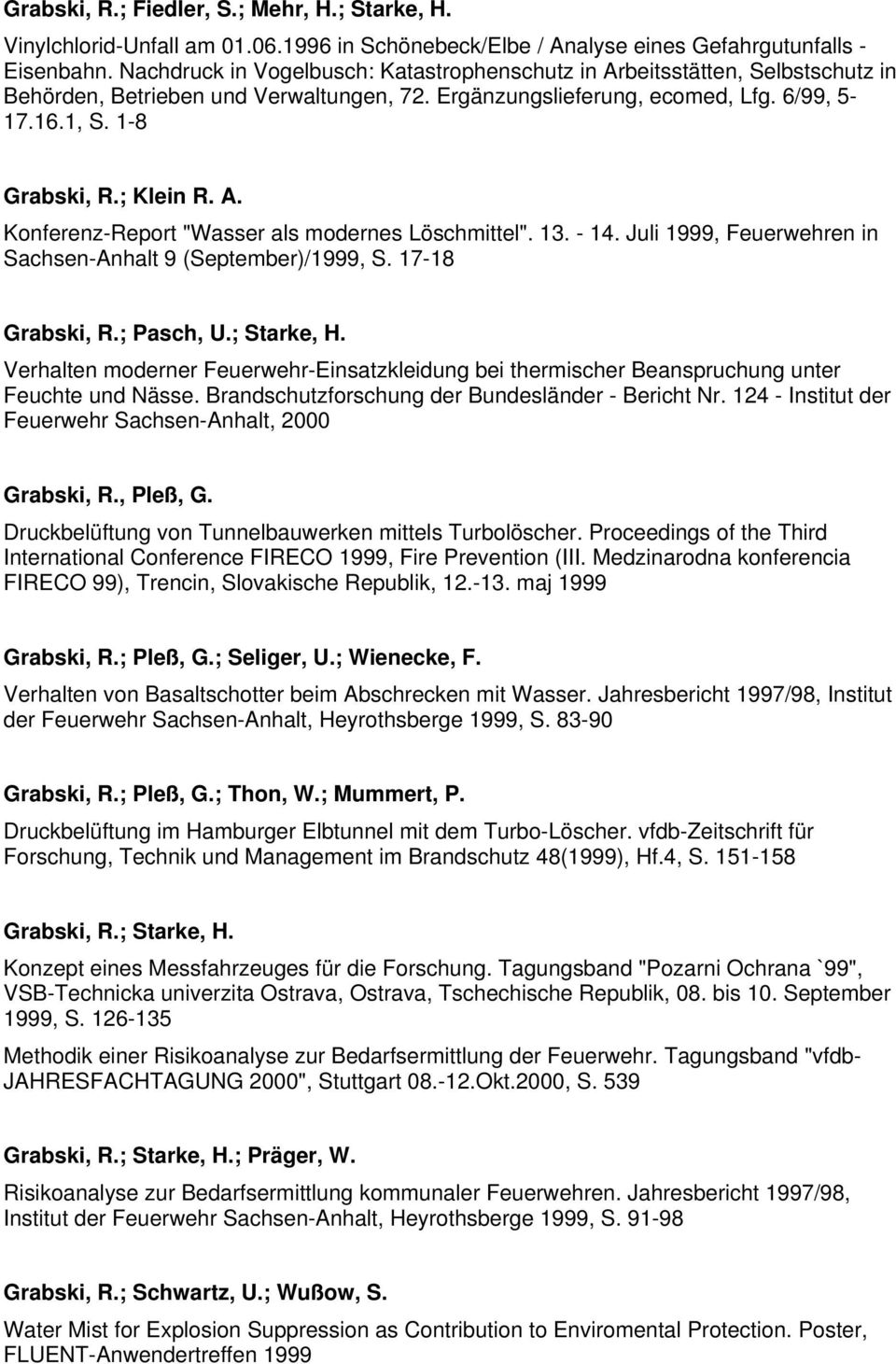 A. Konferenz-Report "Wasser als modernes Löschmittel". 13. - 14. Juli 1999, Feuerwehren in Sachsen-Anhalt 9 (September)/1999, S. 17-18 Grabski, R.; Pasch, U.; Starke, H.