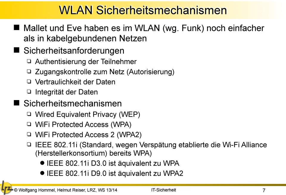 (Autorisierung) Vertraulichkeit der Daten Integrität der Daten Sicherheitsmechanismen Wired Equivalent Privacy (WEP) WiFi Protected Access