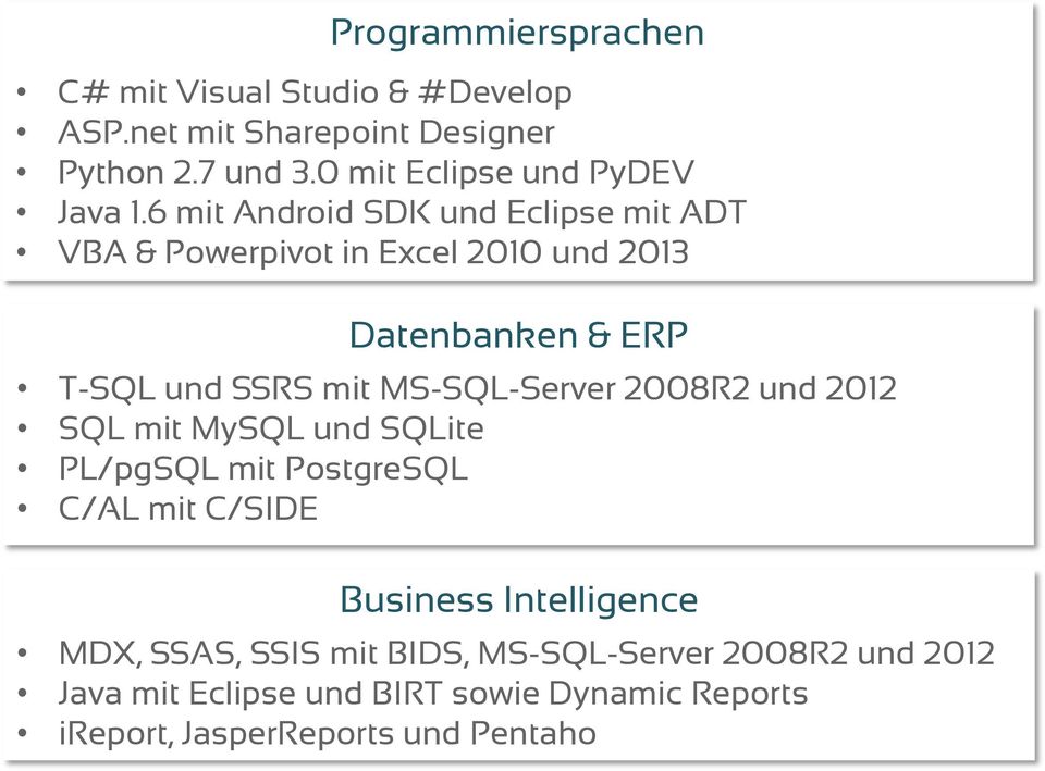 6 mit Android SDK und Eclipse mit ADT VBA & Powerpivot in Excel 2010 und 2013 Datenbanken & ERP T-SQL und SSRS mit