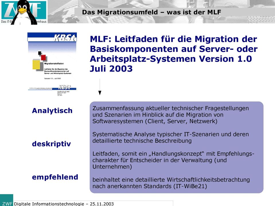 0 Juli 2003 Analytisch deskriptiv empfehlend Zusammenfassung aktueller technischer Fragestellungen und Szenarien im Hinblick auf die Migration von Softwaresystemen