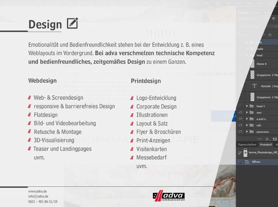 Webdesign Web- & Screendesign responsive & barrierefreies Design Flatdesign Bild- und Videobearbeitung Retusche & Montage