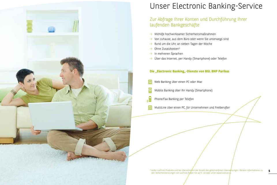 BNP Paribas Web Banking über einen PC oder Mac Mobile Banking über Ihr Handy (Smartphone) Phone/Fax Banking per Telefon MultiLine über einen PC, für Unternehmen und Freiberufler 4 Außer