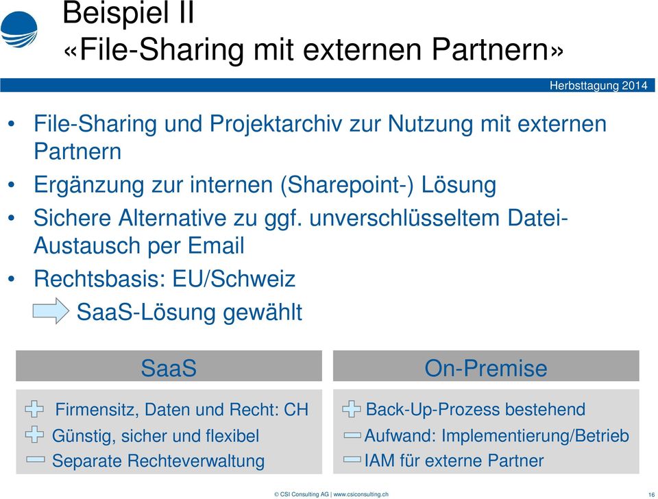 unverschlüsseltem Datei- Austausch per Email Rechtsbasis: EU/Schweiz SaaS-Lösung gewählt SaaS Firmensitz, Daten und