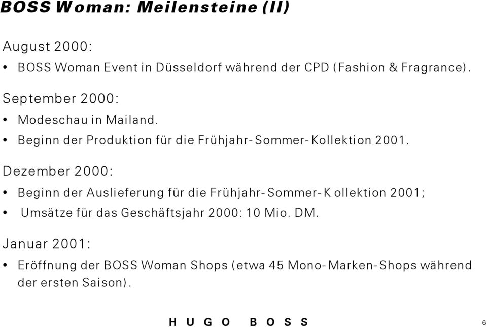 Dezember 2000: Beginn der Auslieferung für die Frühjahr-Sommer-K ollektion 2001; Umsätze für das Geschäftsjahr