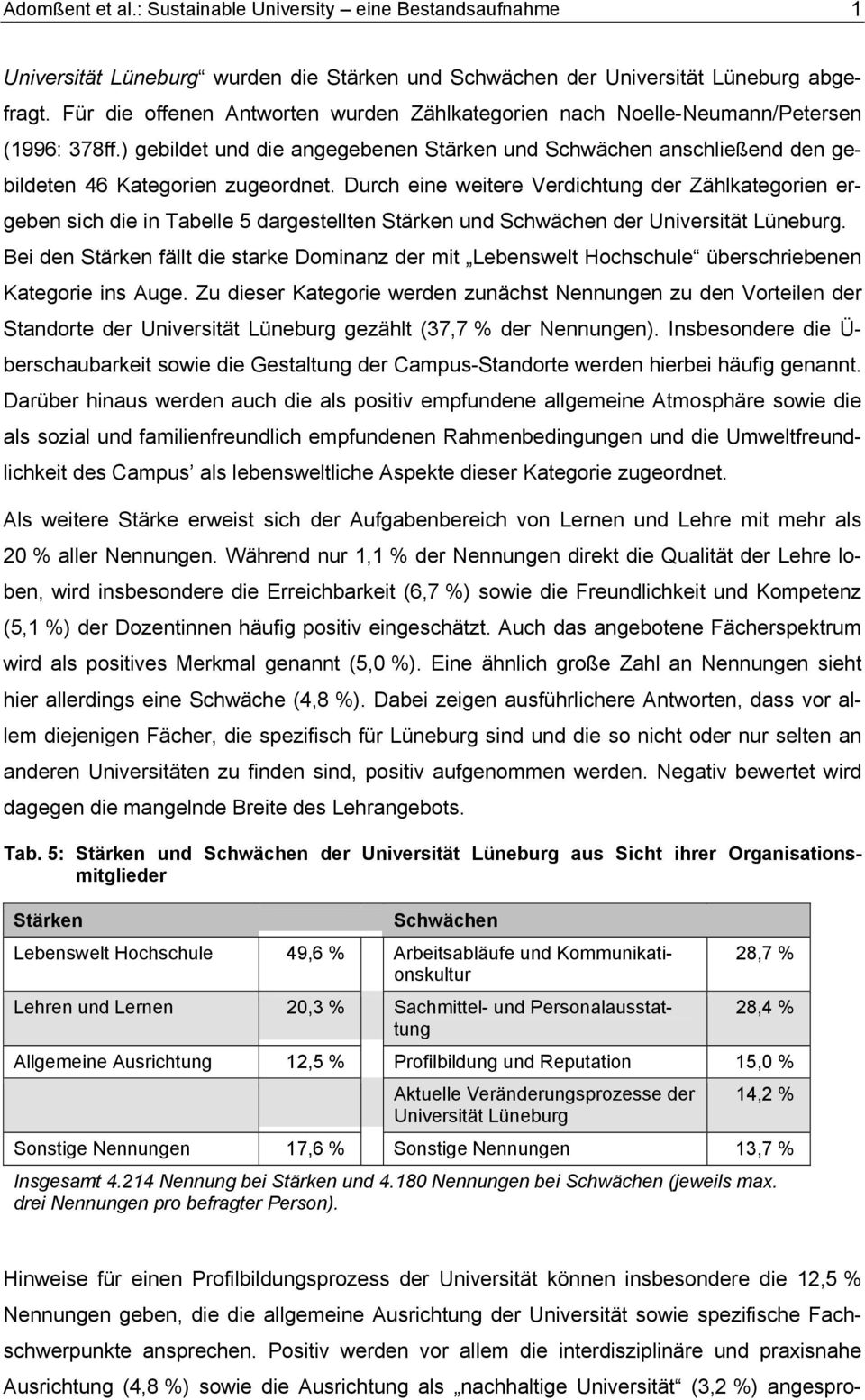 Durch eine weitere Verdichtung der Zählkategorien ergeben sich die in Tabelle 5 dargestellten Stärken und Schwächen der Universität Lüneburg.
