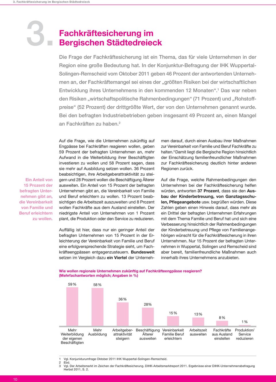 In der Konjunktur-Befragung der IHK Wuppertal- Solingen-Remscheid vom Oktober 2011 geben 46 Prozent der antwortenden Unternehmen an, der Fachkräftemangel sei eines der größten Risiken bei der