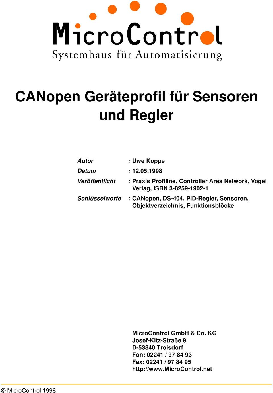 3-8259-1902-1 : CANopen, DS-404, PID-Regler, Sensoren, Objektverzeichnis, Funktionsblöcke MicroControl