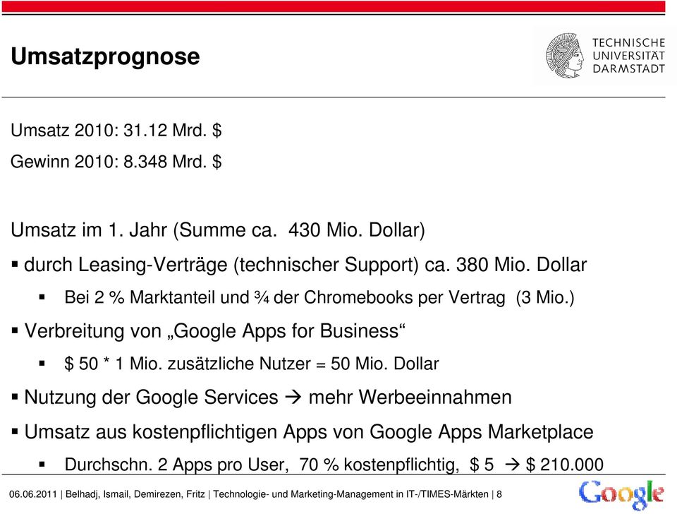 ) Verbreitung von Google Apps for Business $ 50 * 1 Mio. zusätzliche Nutzer = 50 Mio.