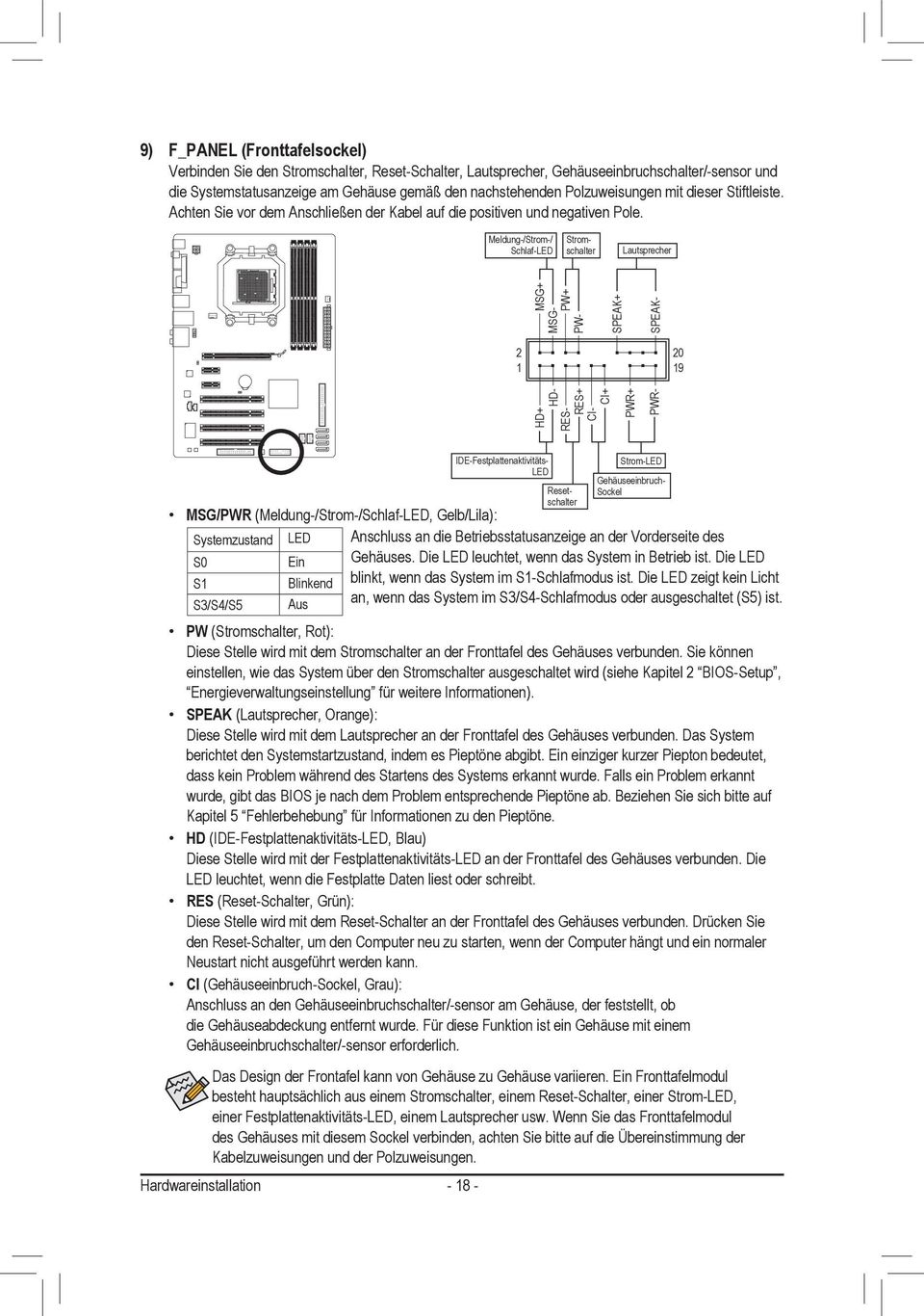 Meldung-/Strom-/ Schlaf-LED Stromschalter Lautsprecher 2 20 9 PWR+ MSG+ PW+ SPEAK+ HD+ HD- RES- RES+ CI- CI+ PWR- MSG- PW- SPEAK- MSG/PWR (Meldung-/Strom-/Schlaf-LED, Gelb/Lila): Systemzustand S0 S