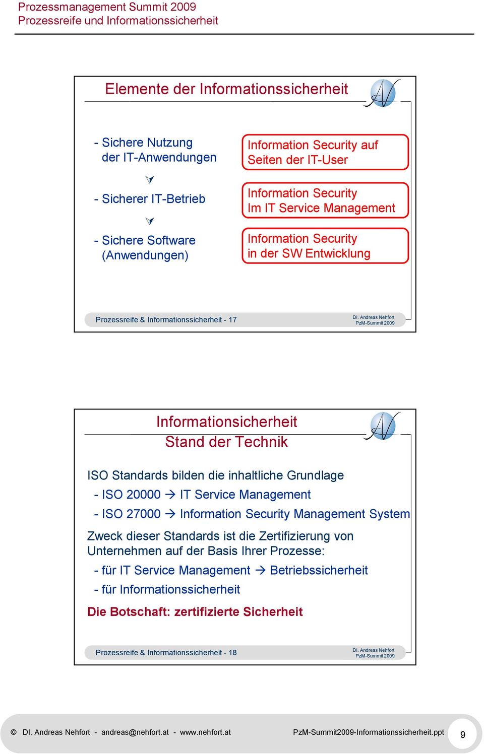 20000 IT Service Management - ISO 27000 Information Security Management System Zweck dieser Standards ist die Zertifizierung von Unternehmen auf der Basis Ihrer Prozesse: - für IT Service Management