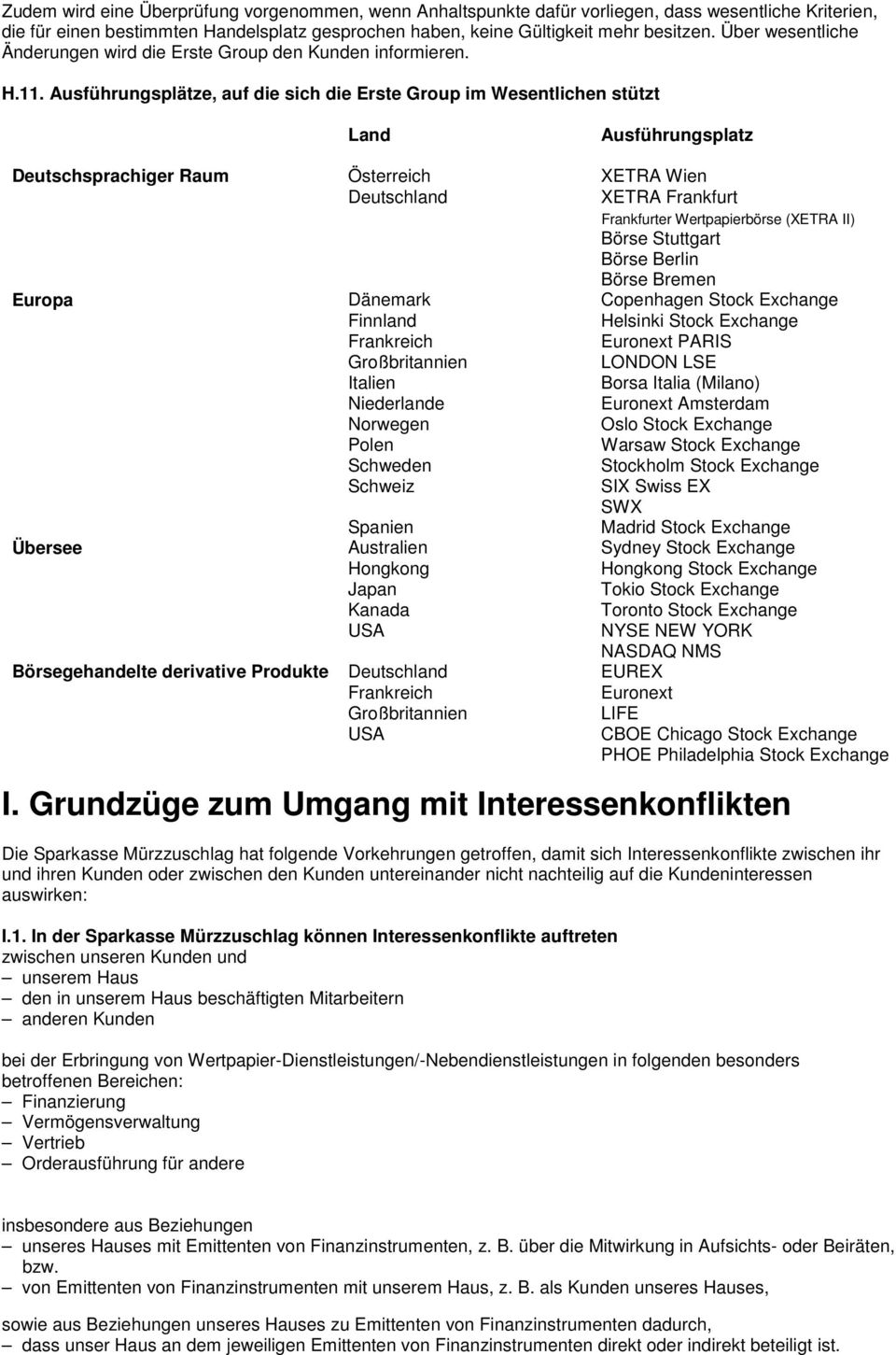 Ausführungsplätze, auf die sich die Erste Group im Wesentlichen stützt Land Ausführungsplatz Deutschsprachiger Raum Österreich XETRA Wien Deutschland XETRA Frankfurt Frankfurter Wertpapierbörse