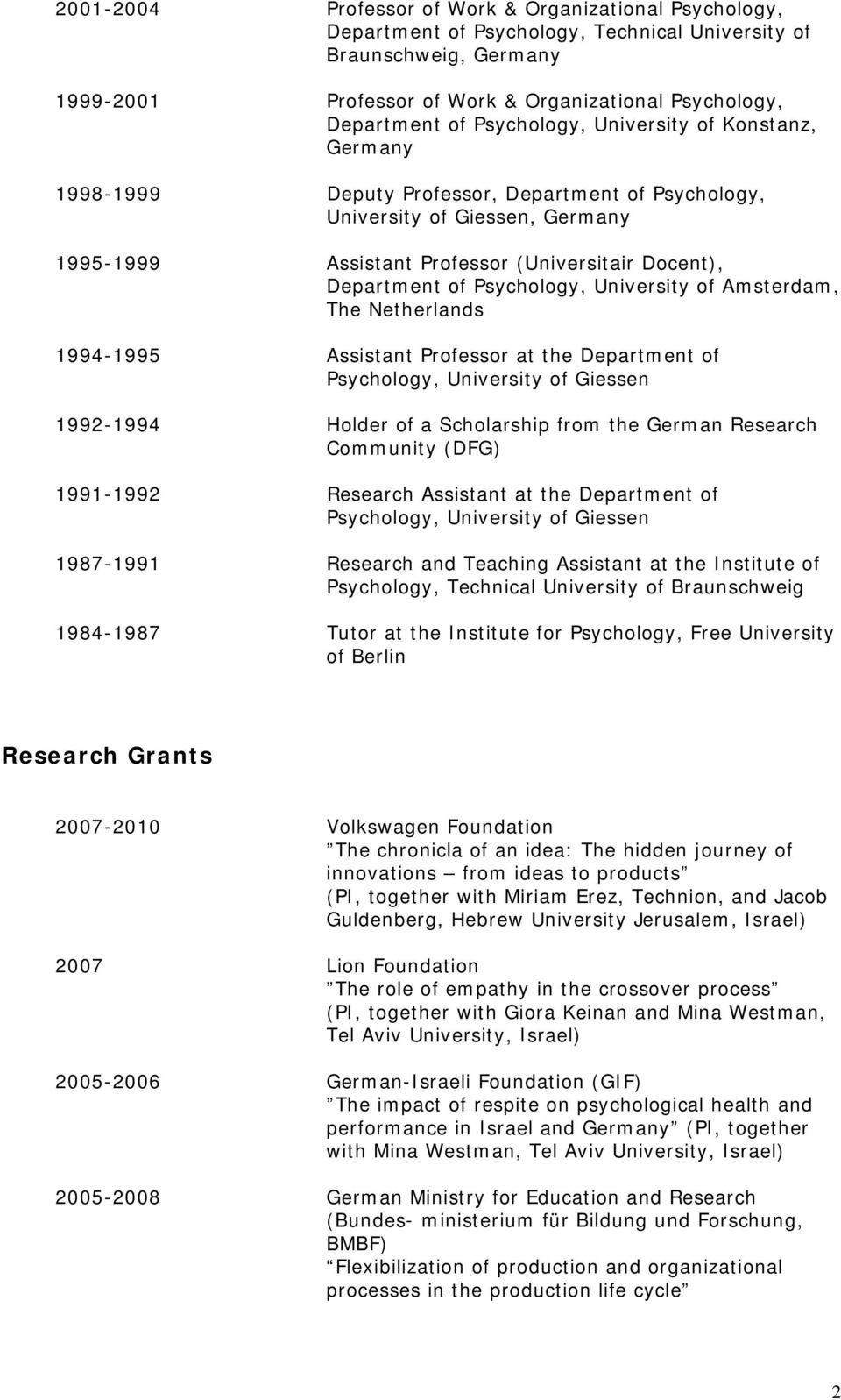 Psychology, University of Amsterdam, The Netherlands 1994-1995 Assistant Professor at the Department of Psychology, University of Giessen 1992-1994 Holder of a Scholarship from the German Research
