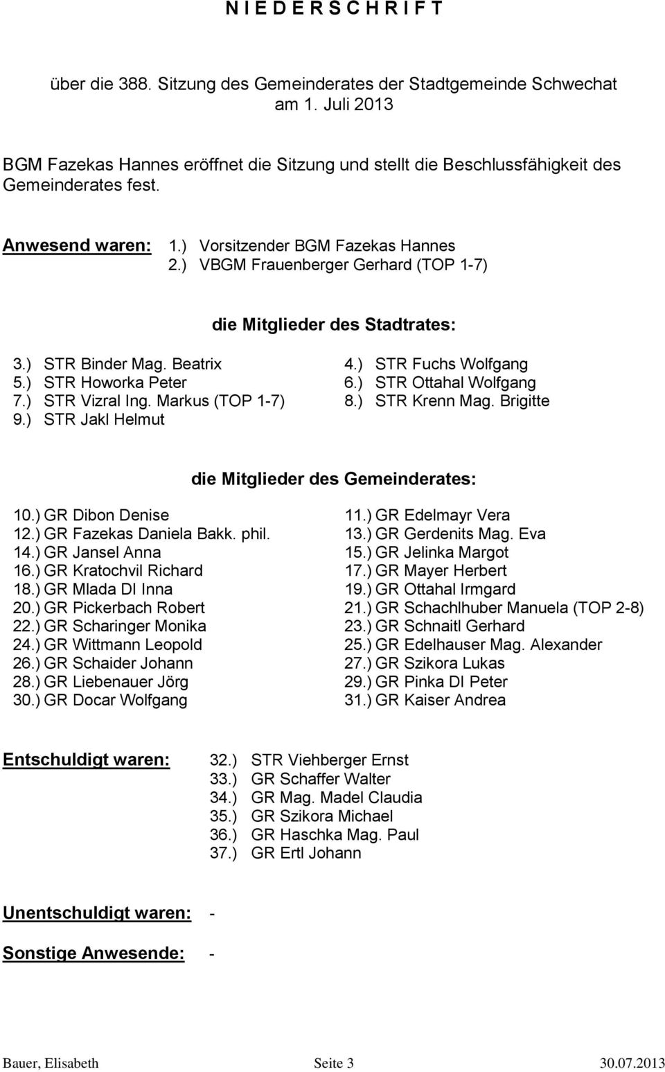 ) VBGM Frauenberger Gerhard (TOP 1-7) die Mitglieder des Stadtrates: 3.) STR Binder Mag. Beatrix 4.) STR Fuchs Wolfgang 5.) STR Howorka Peter 6.) STR Ottahal Wolfgang 7.) STR Vizral Ing.