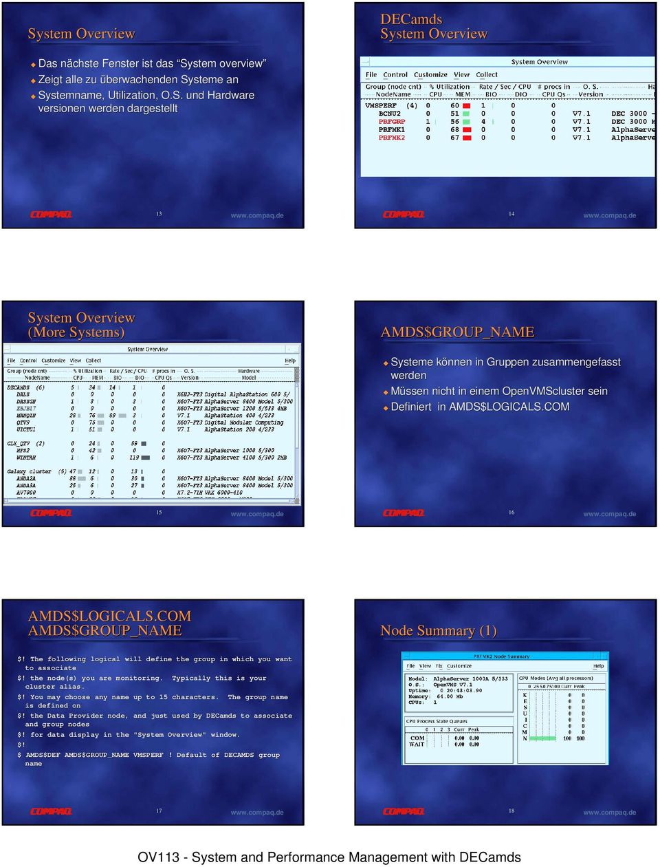 COM 15 www.compaq.de 16 www.compaq.de AMDS$LOGICALS.COM AMDS$GROUP_NAME Node Summary (1) The following logical will define the group in which you want to associate the node(s) you are monitoring.