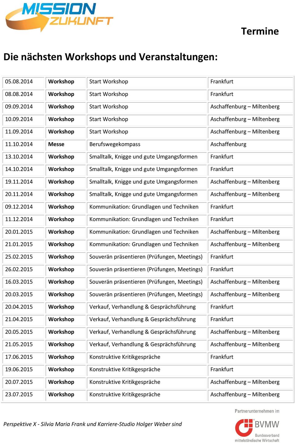 11.2014 Workshop Smalltalk, Knigge und gute Umgangsformen Miltenberg 20.11.2014 Workshop Smalltalk, Knigge und gute Umgangsformen Miltenberg 09.12.