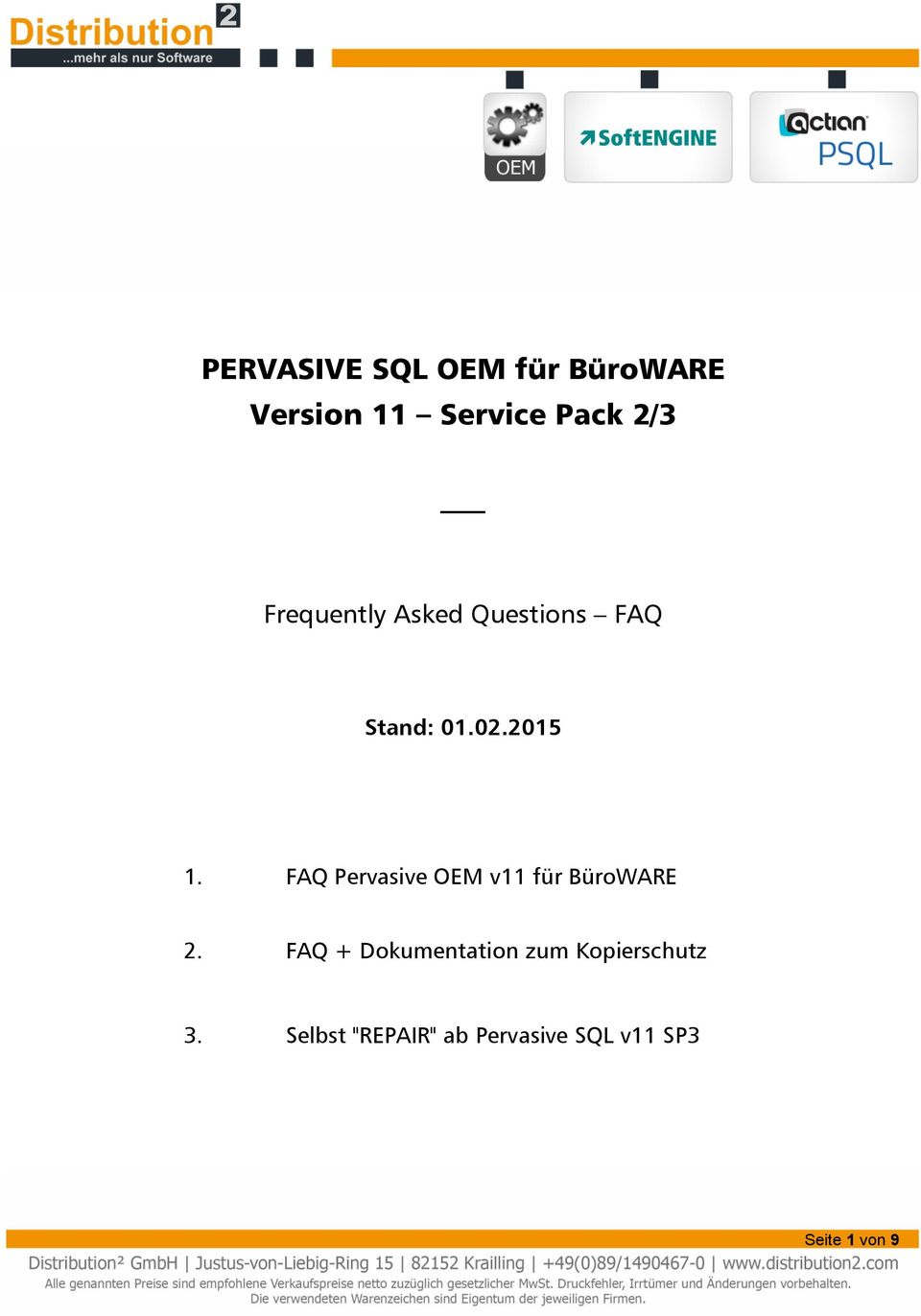 FAQ Pervasive OEM v11 für BüroWARE 2.