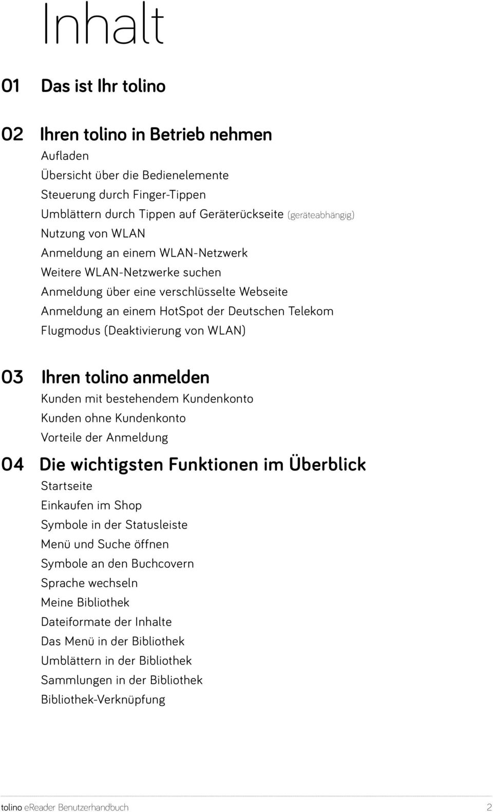 von WLAN) 03 Ihren tolino anmelden Kunden mit bestehendem Kundenkonto Kunden ohne Kundenkonto Vorteile der Anmeldung 04 Die wichtigsten Funktionen im Überblick Startseite Einkaufen im Shop Symbole in